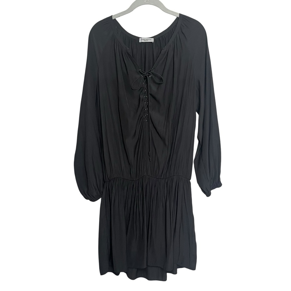 Ramy Brook Allie Tie-Front Lace Up Satin Dress Gunmetal Black Medium Boho Chic - Picture 2 of 12